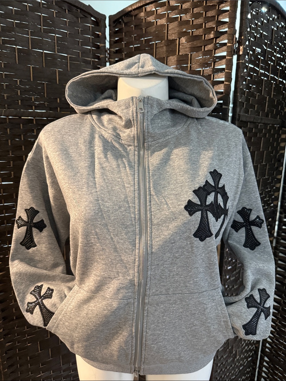 Gray Hooded Zip-Up Jacket with CH Cross Appliqués
